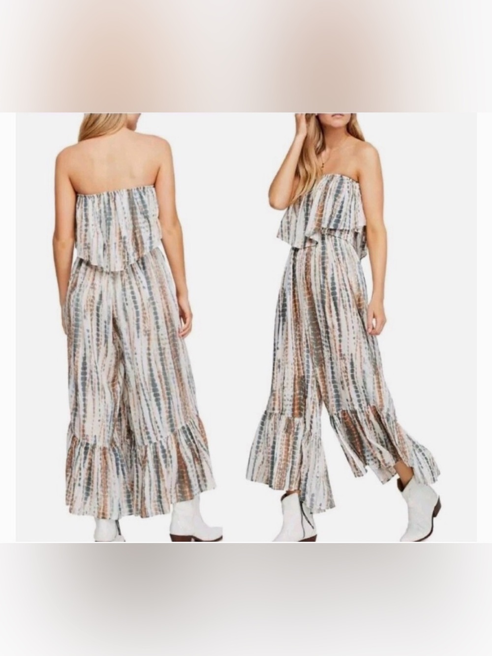 Free People Summer Vibes Tie Dye Bohemian Ruffle Jumpsuit Strapless Casual Small - Picture 2 of 13